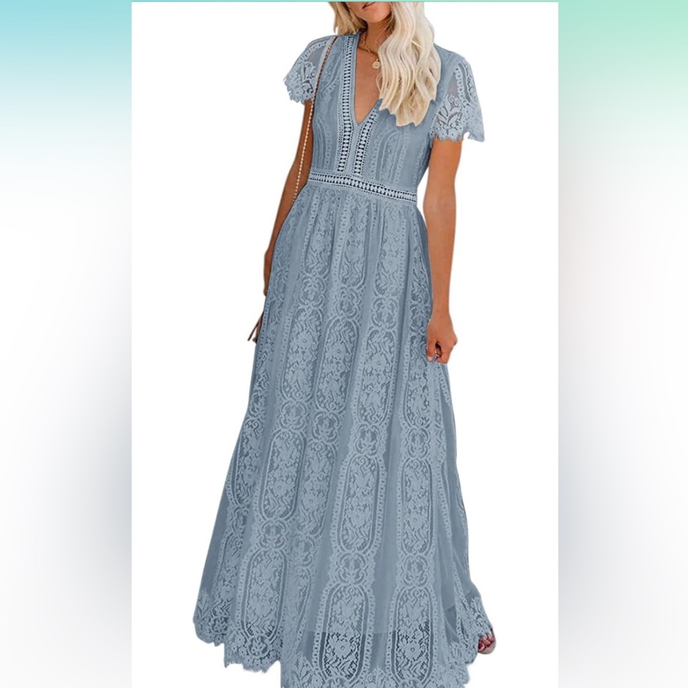 Women's V Neck Short Sleeve Floral Lace Maxi Dress